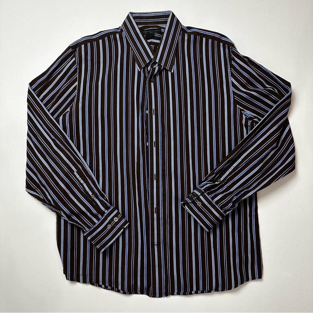 Express Design Studio Mens XL Striped Brown Blue Button Up Long Sleeve Cotton